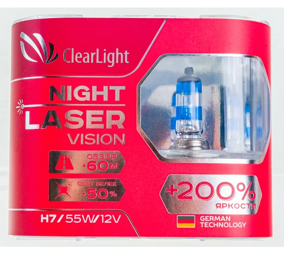 Комплект ламп Clearlight H7, 12 В, 55 Вт, Night Laser Vision +200% Light, 2 шт. MLH7NLV200